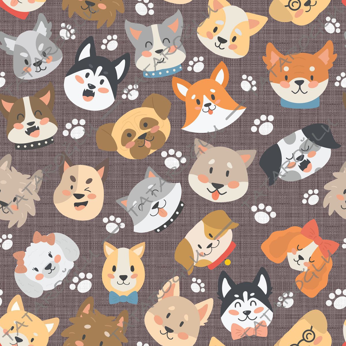 Keten Efektli Zemin Üzerine Köpek Desenli Kumaş