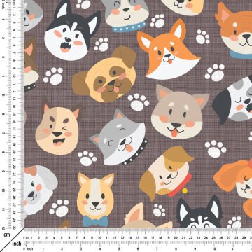 Keten Efektli Zemin Üzerine Köpek Desenli Kumaş