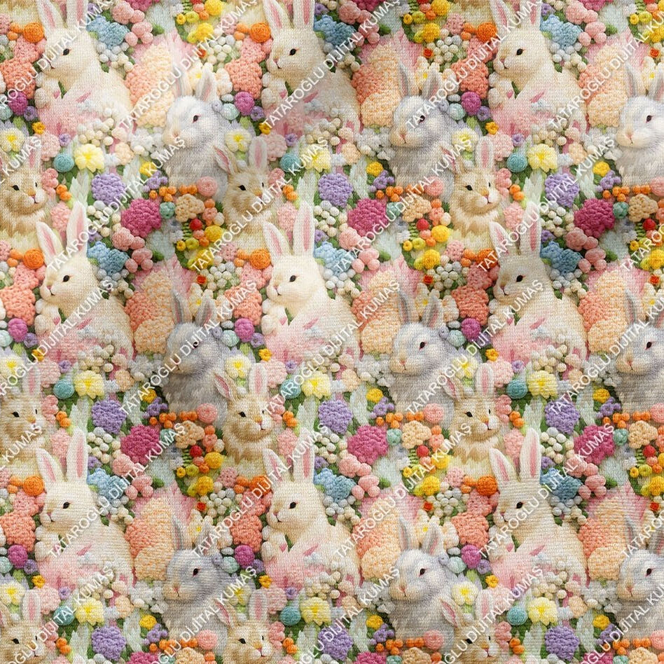 Happy Easter / Paskalya 3D Renkli Çiçekli Nakışlı Çiçekli Çok Amaçlı Dekoratif Tasarım Dijital Baskı Kumaş