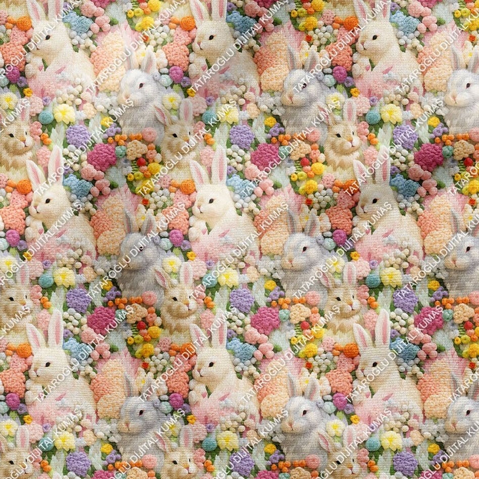 Happy Easter / Paskalya 3D Renkli Çiçekli Nakışlı Çiçekli Çok Amaçlı Dekoratif Tasarım Dijital Baskı Kumaş