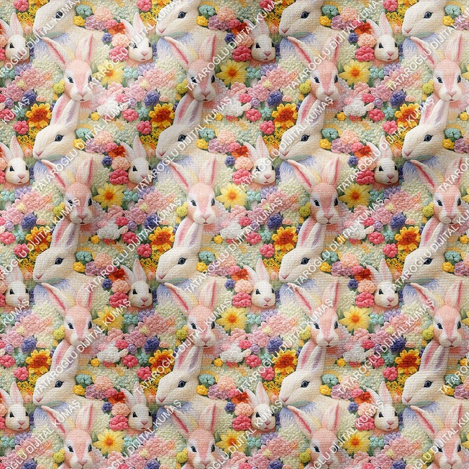 Happy Easter / Paskalya 3D Renkli Çiçekli Nakışlı Çiçekli Çok Amaçlı Dekoratif Tasarım Dijital Baskı Kumaş