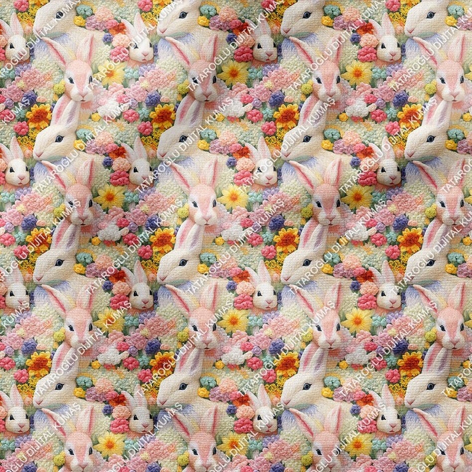 Happy Easter / Paskalya 3D Renkli Çiçekli Nakışlı Çiçekli Çok Amaçlı Dekoratif Tasarım Dijital Baskı Kumaş
