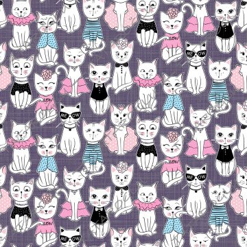 Keten Efektli Zemin Üzerine Kedi Desenli Kumaş