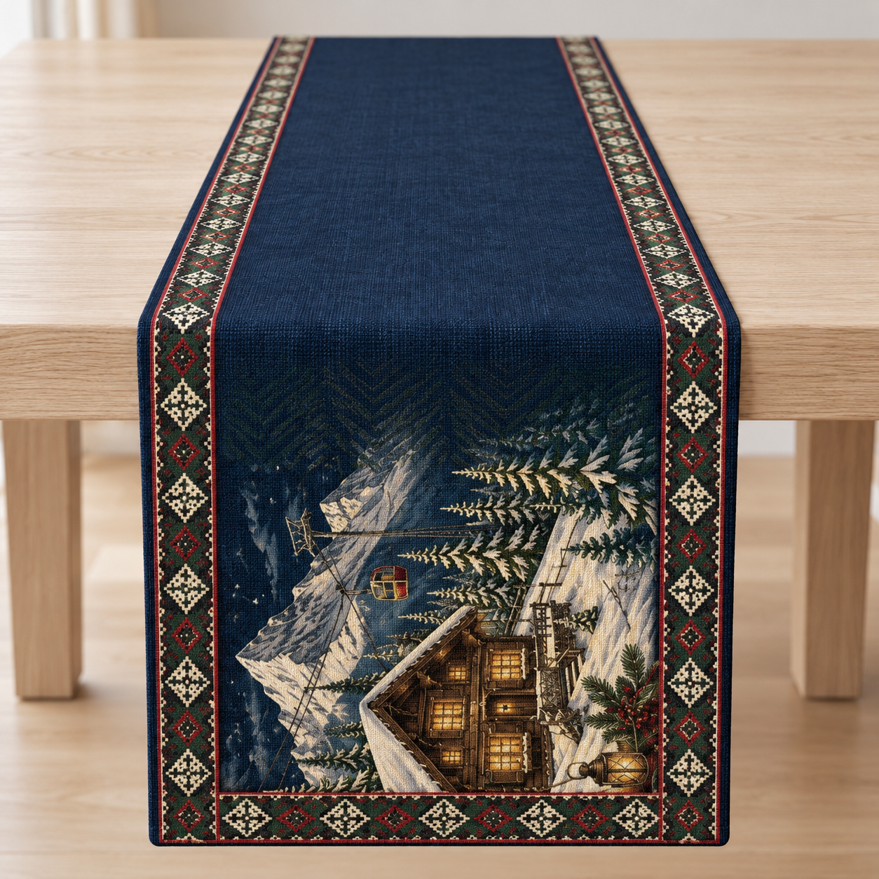 Kayak Evi Runner Paneli – Lacivert Kış ve Yılbaşı Desenli 51x143 cm