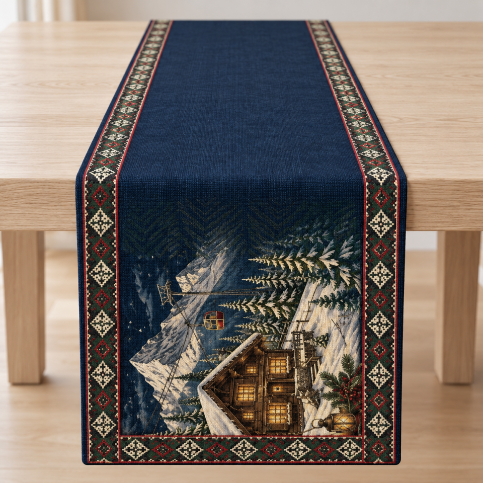Kayak Evi Runner Paneli – Lacivert Kış ve Yılbaşı Desenli 51x143 cm