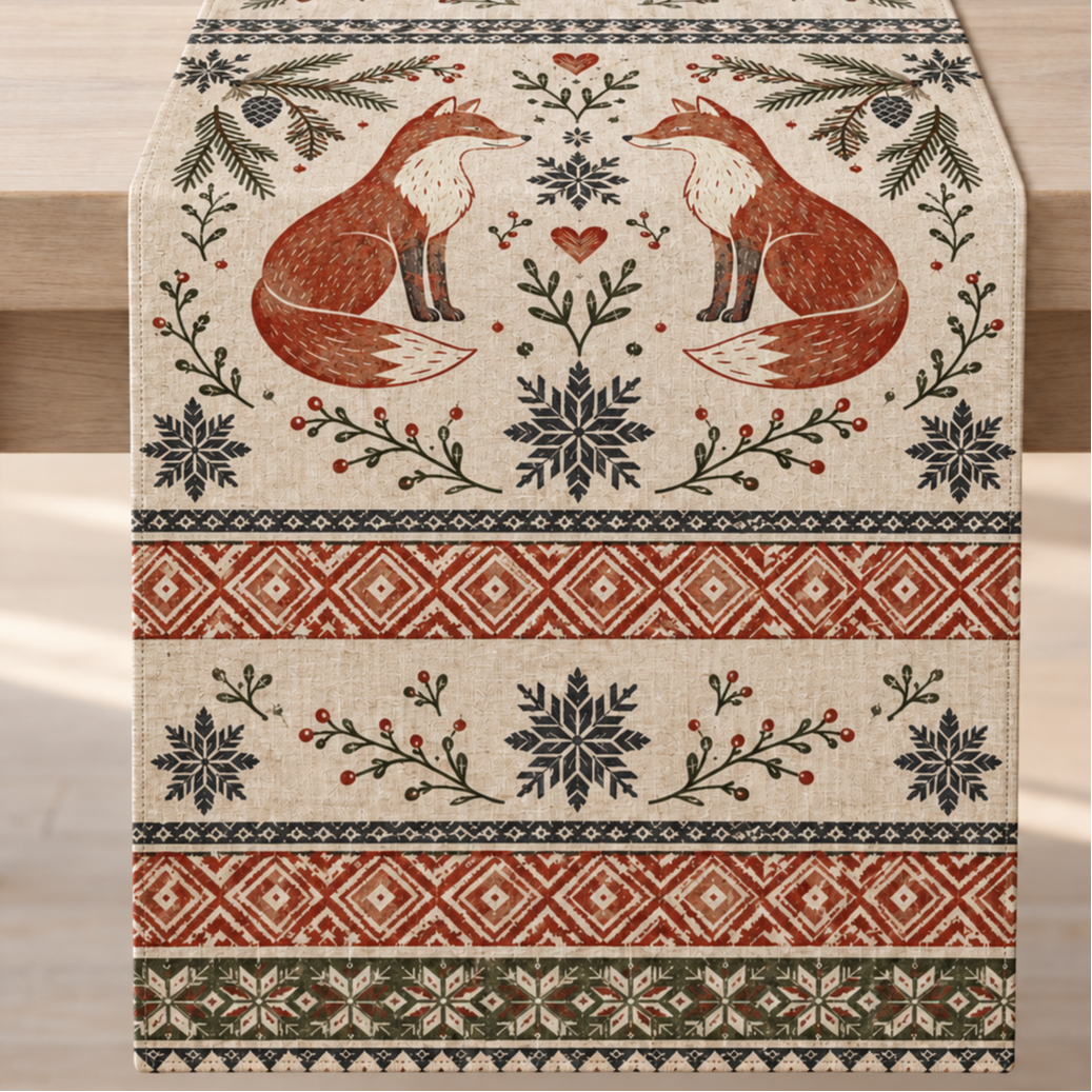 Tilki Desenli Runner Paneli – İskandinav Kış Desenli 51x143 cm