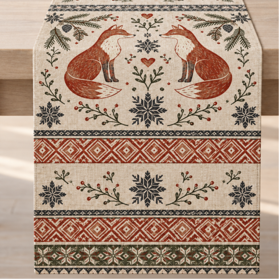 Tilki Desenli Runner Paneli – İskandinav Kış Desenli 51x143 cm