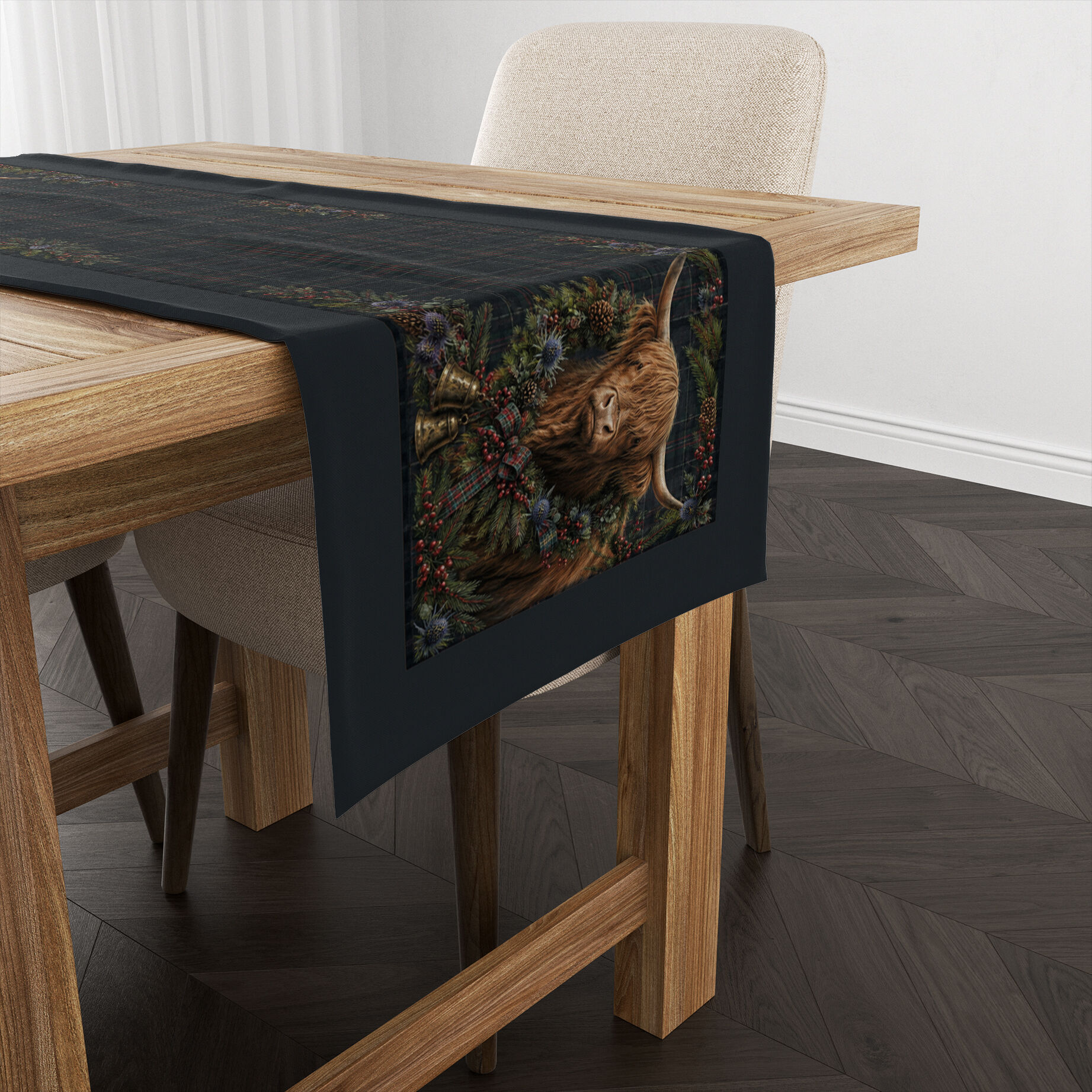 Highland İnekli Runner Paneli – Ekose Kış Desenli 51x143 cm