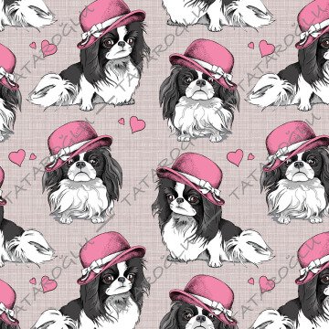 Keten Efektli Zemin Üzerine Pembe Şapkalı Köpek Desenli Kumaş