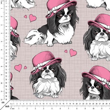 Keten Efektli Zemin Üzerine Pembe Şapkalı Köpek Desenli Kumaş