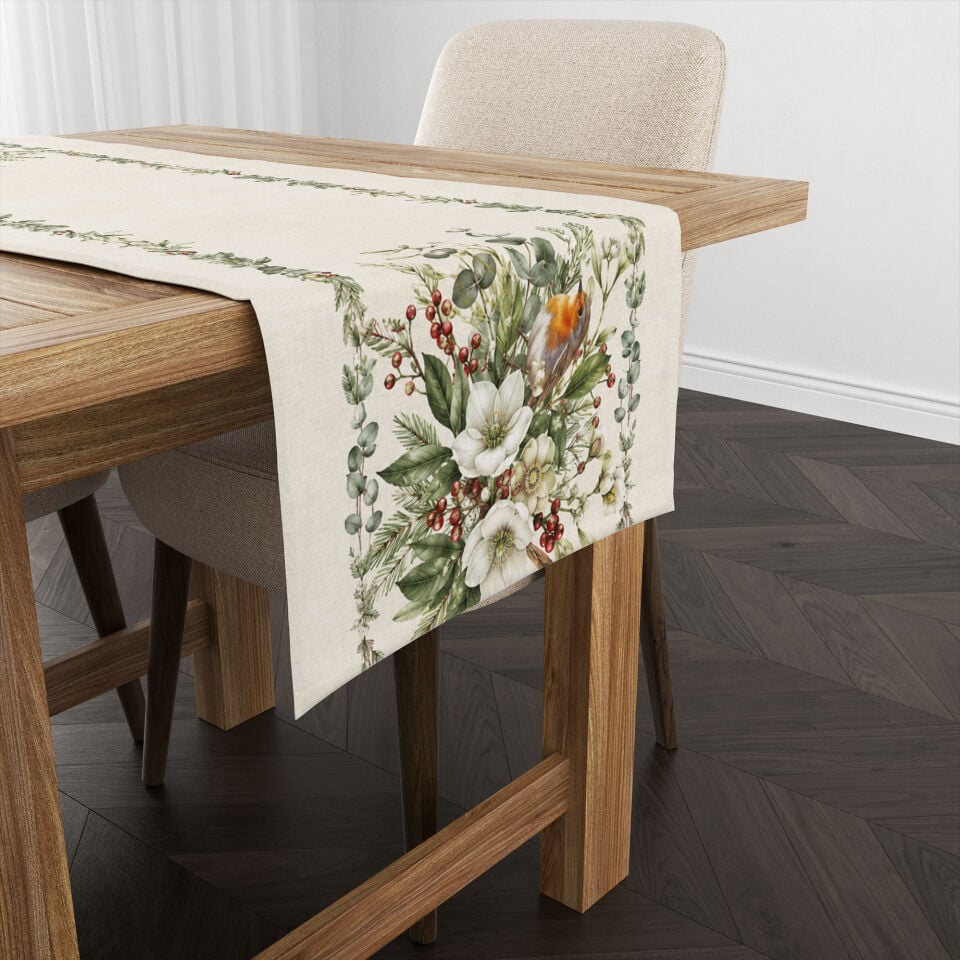 Kuşlu Yılbaşı Runner Paneli – Botanik Kış Desenli 51x143 cm