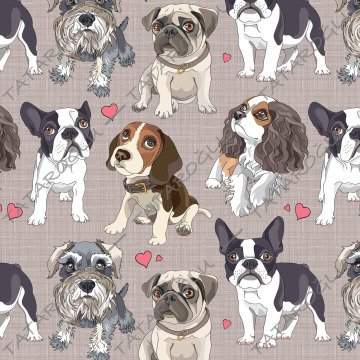 Keten Efektli Zemin Üzerine Koca Kafalı Köpekli Kumaş