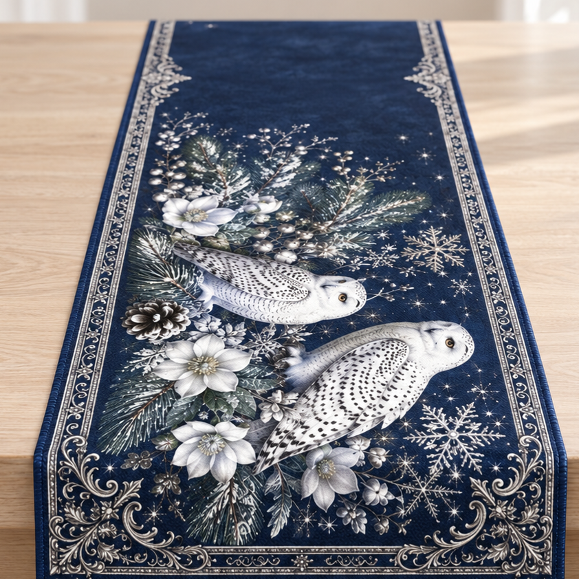 Kar Baykuşlu Runner Paneli – Lacivert Kış Desenli 51x143 cm