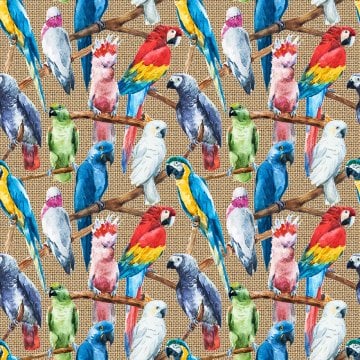 Jüt Görünümlü Zemin Üzerine Renkli Tropikal Papağan Desenli Dijital Baskılı Kumaş