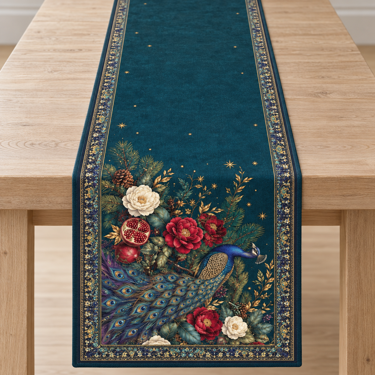Tavus Kuşlu Runner Paneli – Petrol Yeşili Çiçekli Yılbaşı Kumaşı 51x143 cm