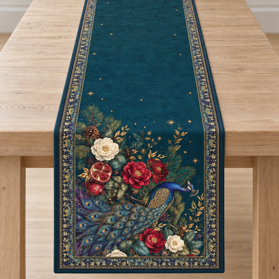Tavus Kuşlu Runner Paneli – Petrol Yeşili Çiçekli Yılbaşı Kumaşı 51x143 cm