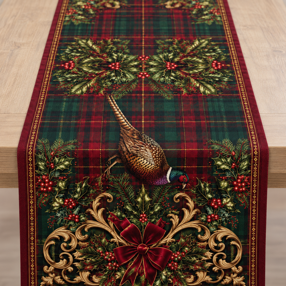 Sülün Desenli Runner Paneli – Bordo Ekose Yılbaşı Kumaşı 51x143 cm