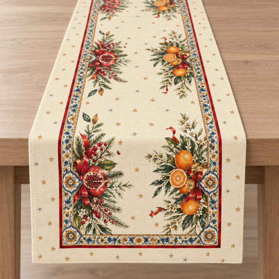 Nar Portakallı Runner Paneli – Krem Botanik Yılbaşı Kumaşı 51x143 cm
