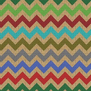 Jüt Görünümlü Zemin Üzerine Kırmızı, Mint, Mavi, Yeşil, Gri Zigzag Desenli Dijital Baskılı Kumaş