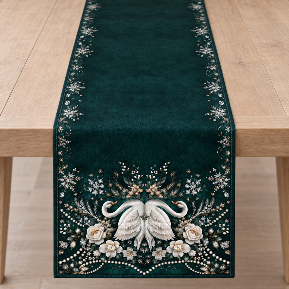 Kuğulu Runner Paneli – Zümrüt Yeşili Kış ve Yılbaşı Kumaşı 51x143 cm