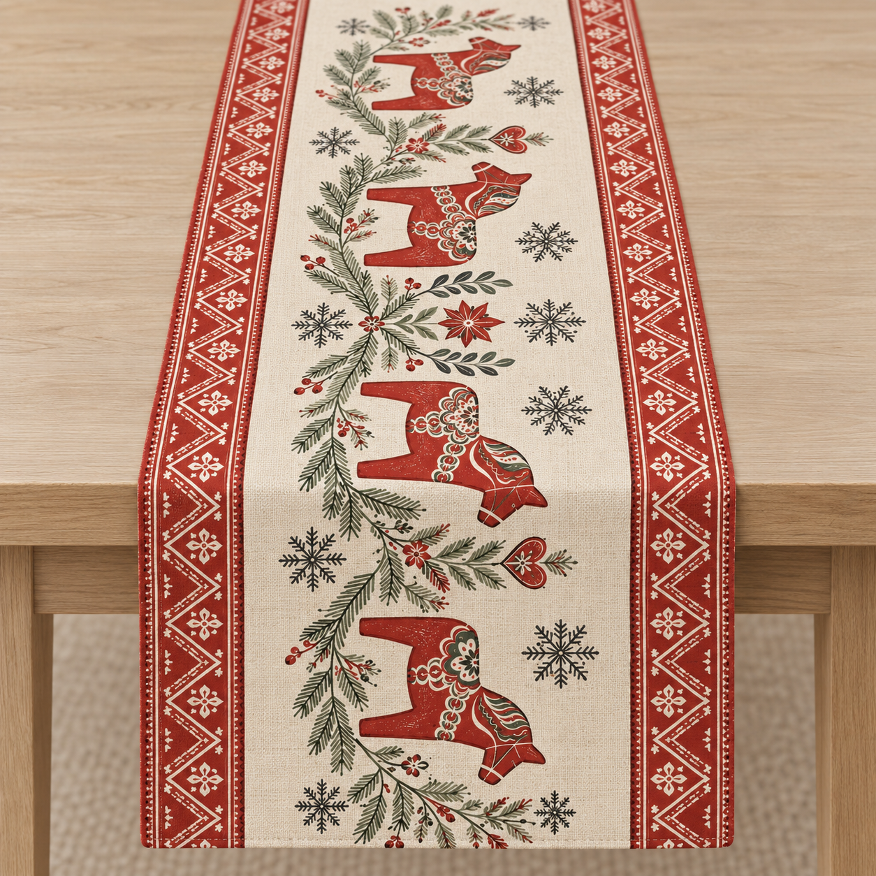 İskandinav Atlı Runner Paneli – Kırmızı Krem Yılbaşı Kumaşı 51x143 cm