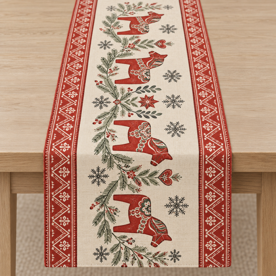 İskandinav Atlı Runner Paneli – Kırmızı Krem Yılbaşı Kumaşı 51x143 cm