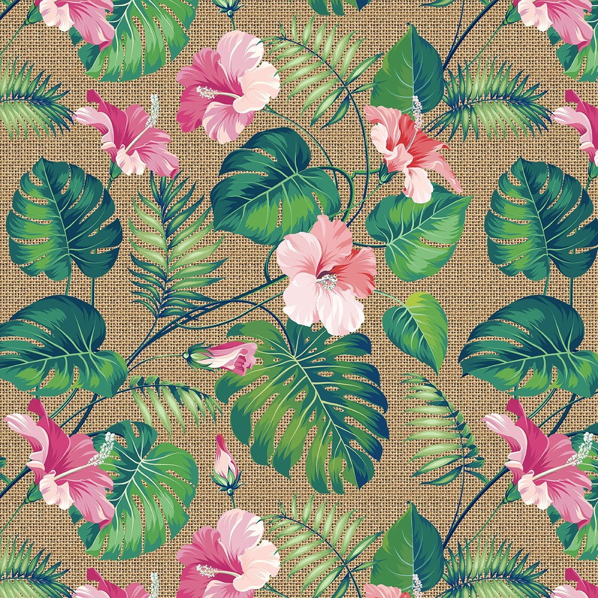 Jüt Görünümlü Zemin Üzerine Pembe Çiçekli Yaprak Desenli Dijital Baskılı Kumaş