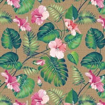 Jüt Görünümlü Zemin Üzerine Pembe Çiçekli Yaprak Desenli Dijital Baskılı Kumaş
