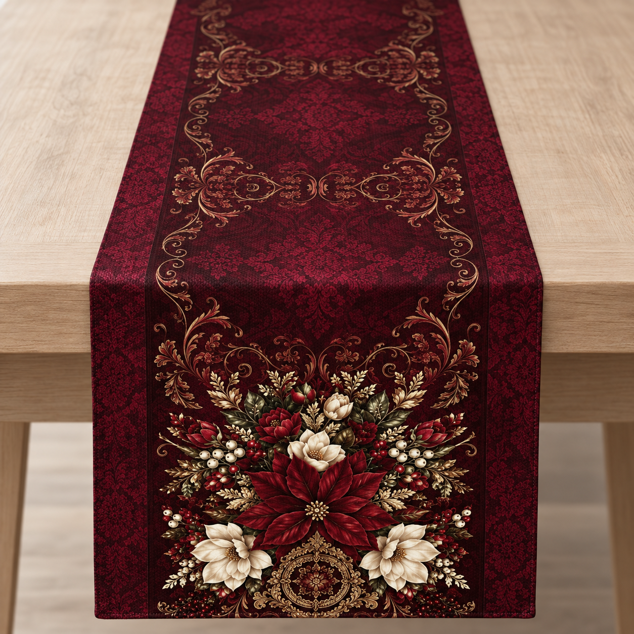 Bordo Poinsettia Runner Paneli – Barok Altın Detaylı Yılbaşı Kumaşı 51x143 cm