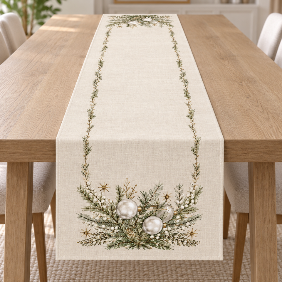 Krem zeminde çam dalları, beyaz meyveler, gümüş yılbaşı topları ve altın yıldızlar bulunan 51x143 cm dikilmemiş Gümüş Yılbaşı Runner Paneli.