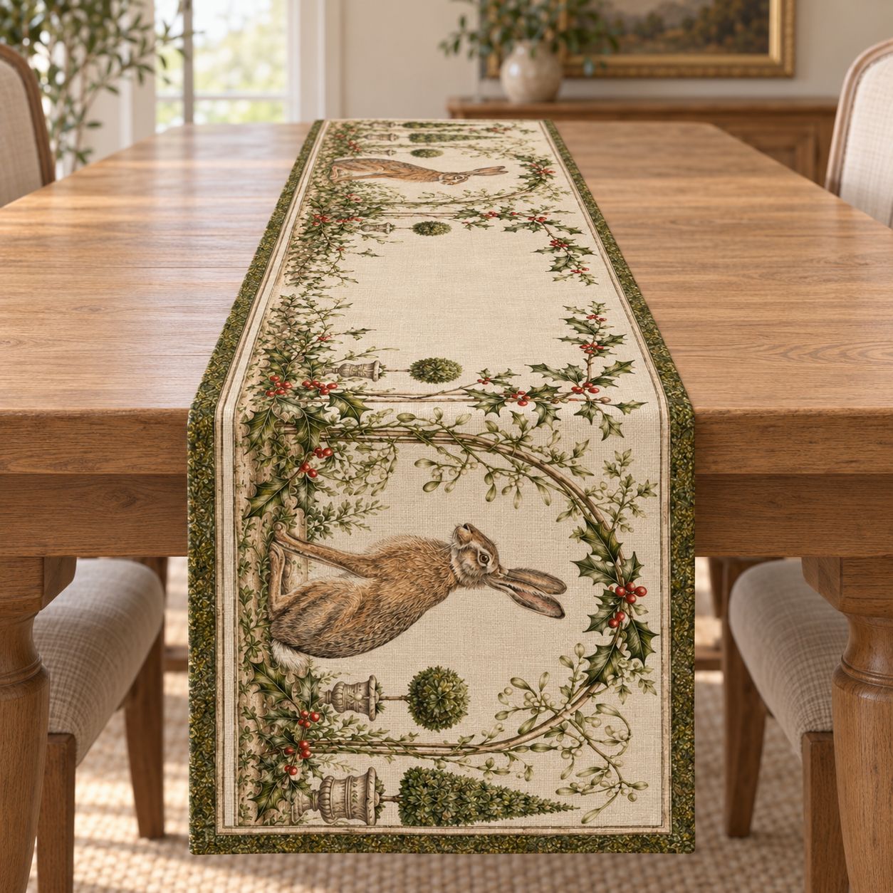 Tavşanlı Yılbaşı Runner Paneli – Vintage Botanik Christmas Kumaşı 51x143 cm