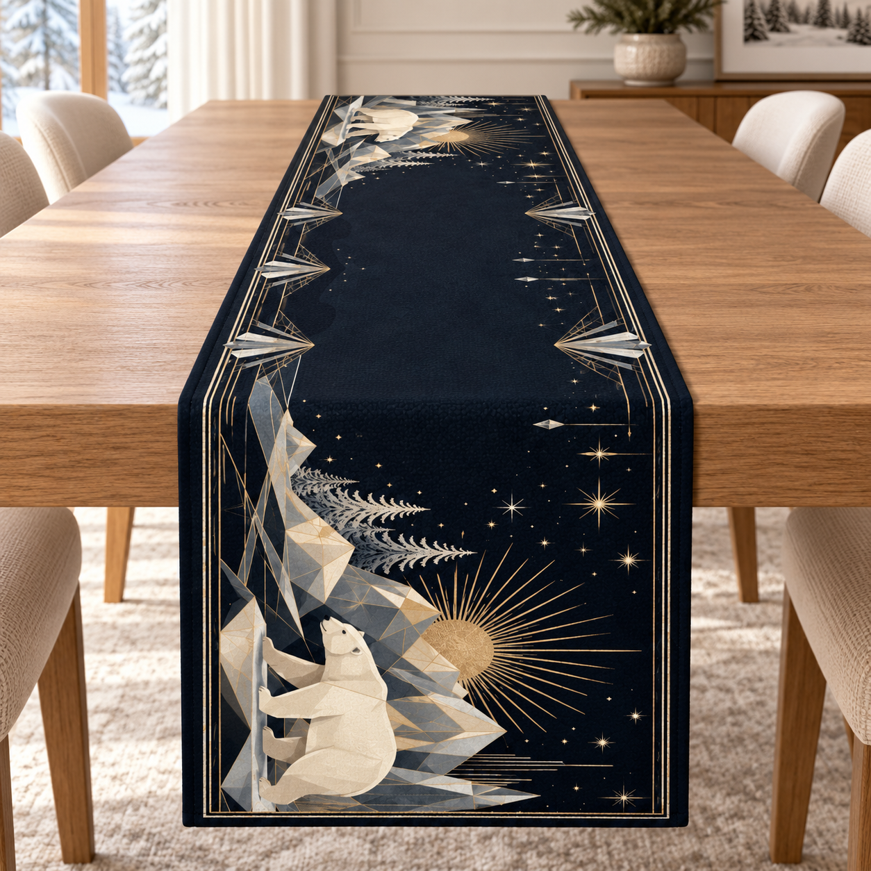 Kutup Ayılı Yılbaşı Runner Paneli – Lacivert Art Deco Kış Deseni 51x143 cm