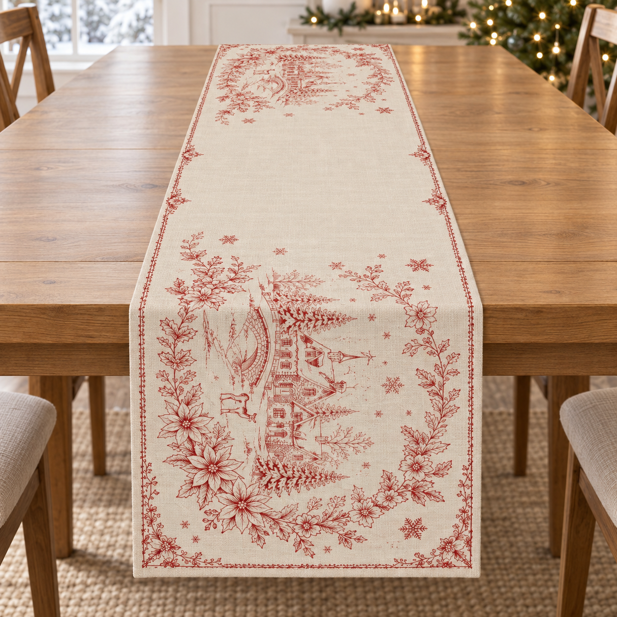 Kırmızı Yılbaşı Runner Paneli – Toile Kış Köyü Desenli 51x143 cm