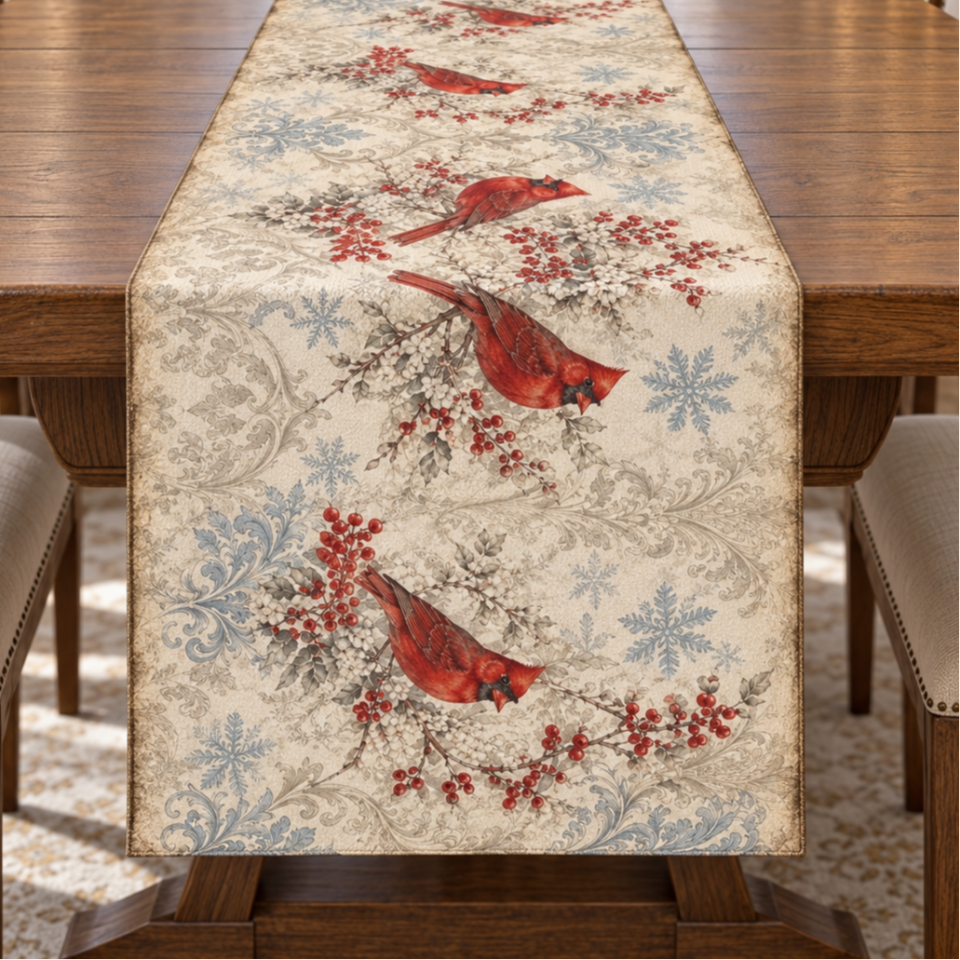 Kardinal Kuş Runner Paneli | Vintage Kış ve Yılbaşı Deseni 51x143 cm