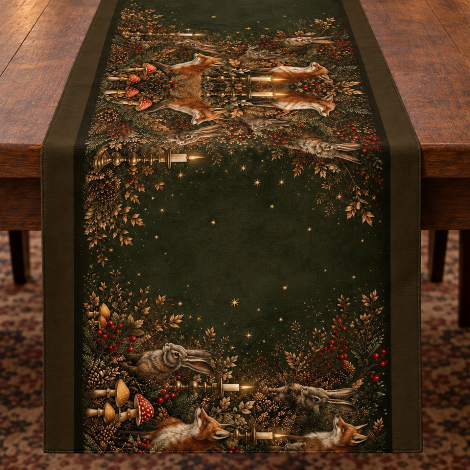 Tilki Tavşan Runner Paneli – Koyu Yeşil Woodland Yılbaşı Deseni 51x143 cm