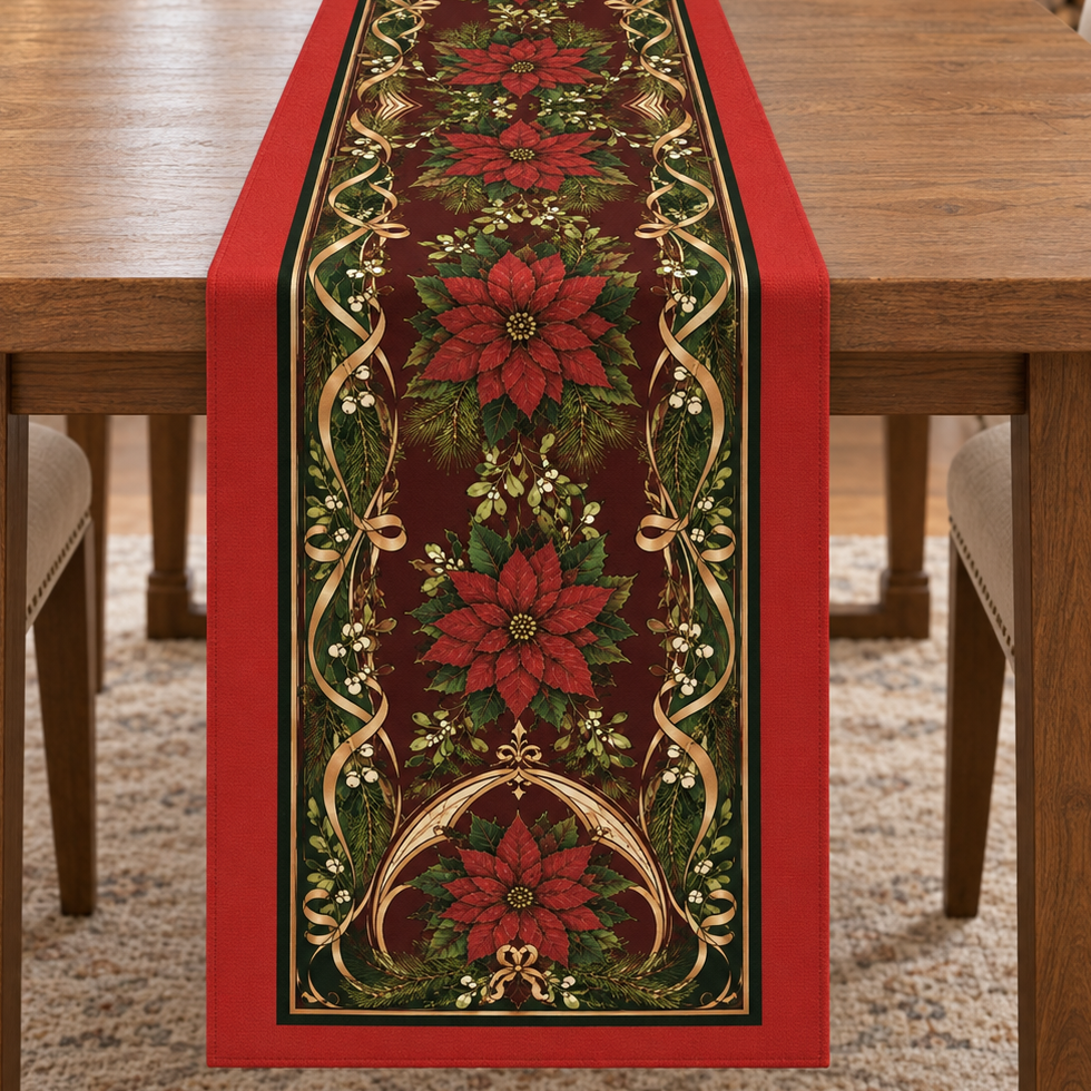 Atatürk Çiçeği Runner Paneli – Kırmızı Altın Yılbaşı Deseni 51x143 cm