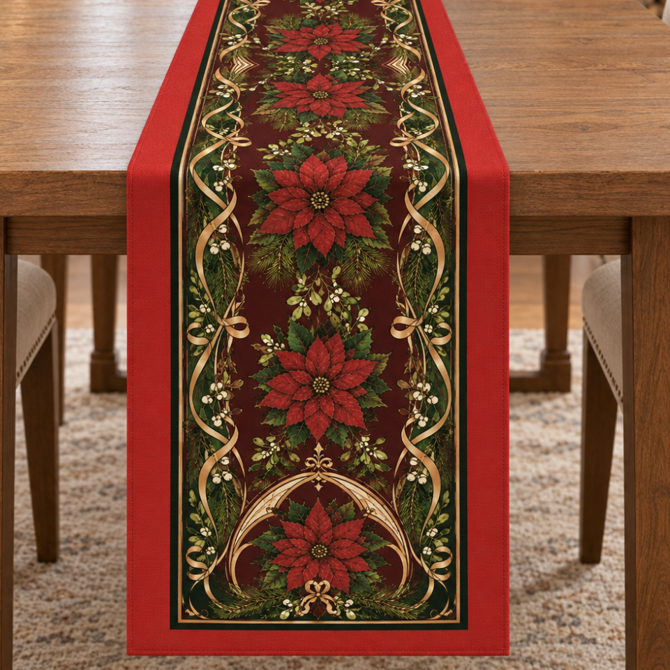 Atatürk Çiçeği Runner Paneli – Kırmızı Altın Yılbaşı Deseni 51x143 cm