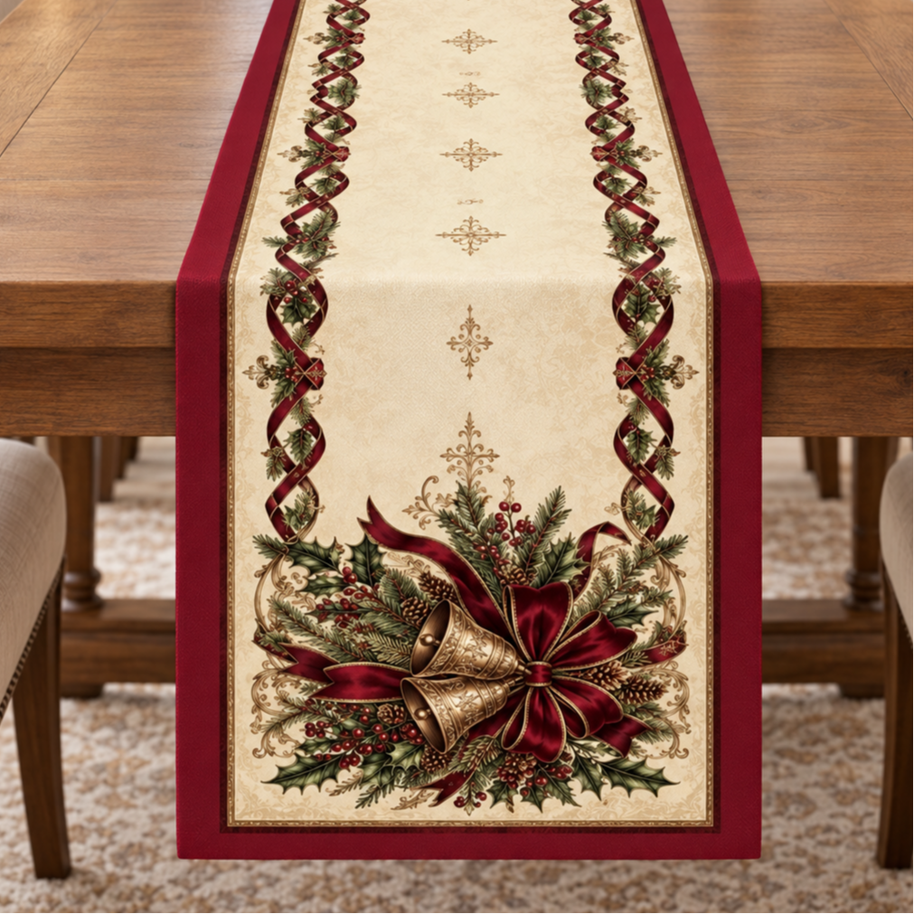 Yılbaşı Çanlı Runner Paneli – Bordo Kurdeleli Klasik Christmas Deseni 51x143 cm