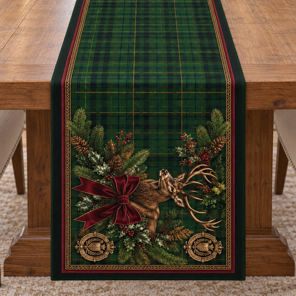 Geyikli Yılbaşı Runner – Yeşil Ekose Christmas Kumaş Paneli 51x143 cm
