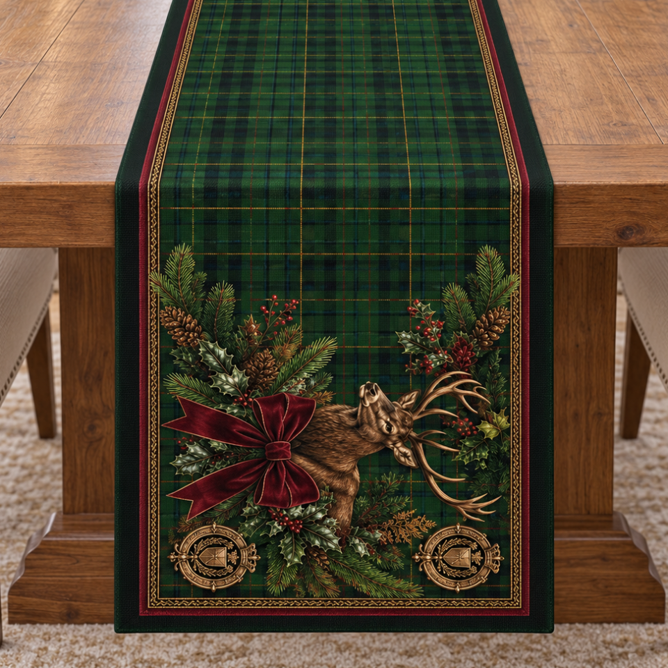Geyikli Yılbaşı Runner – Yeşil Ekose Christmas Kumaş Paneli 51x143 cm