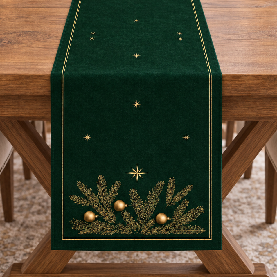 Yeşil Yılbaşı Runner – Altın Çam Dallı Christmas Kumaş Paneli 51x143 cm