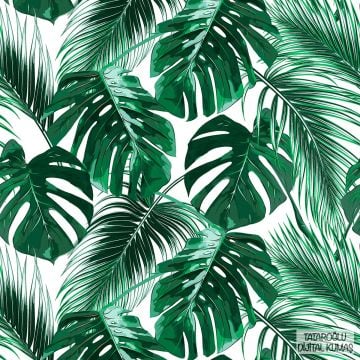 Dark Green Leaf Digital Printed Fabric on White Background (FALL SALE)