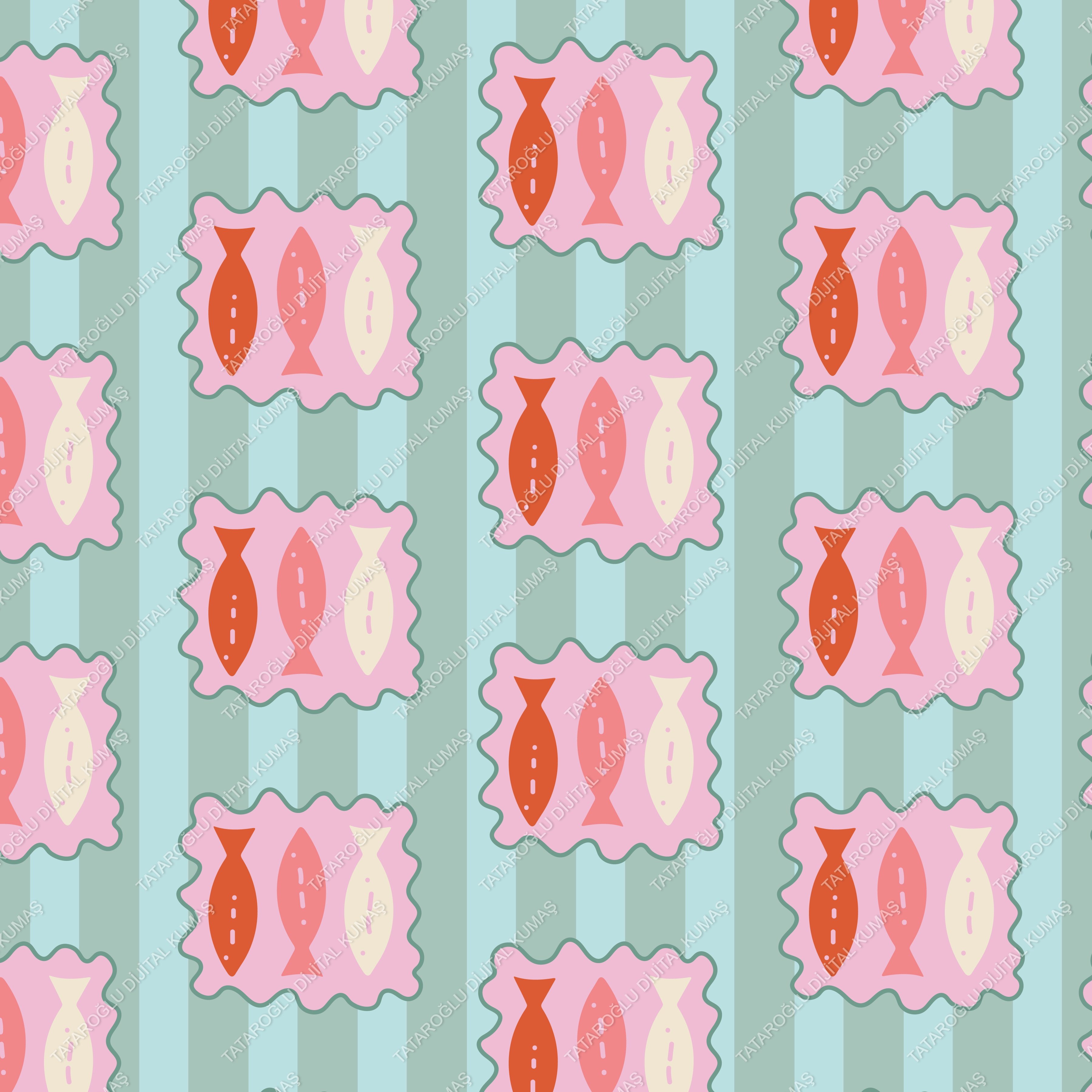 Retro Balık Desenli Çizgili Deniz Temalı Dekoratif Kumaş