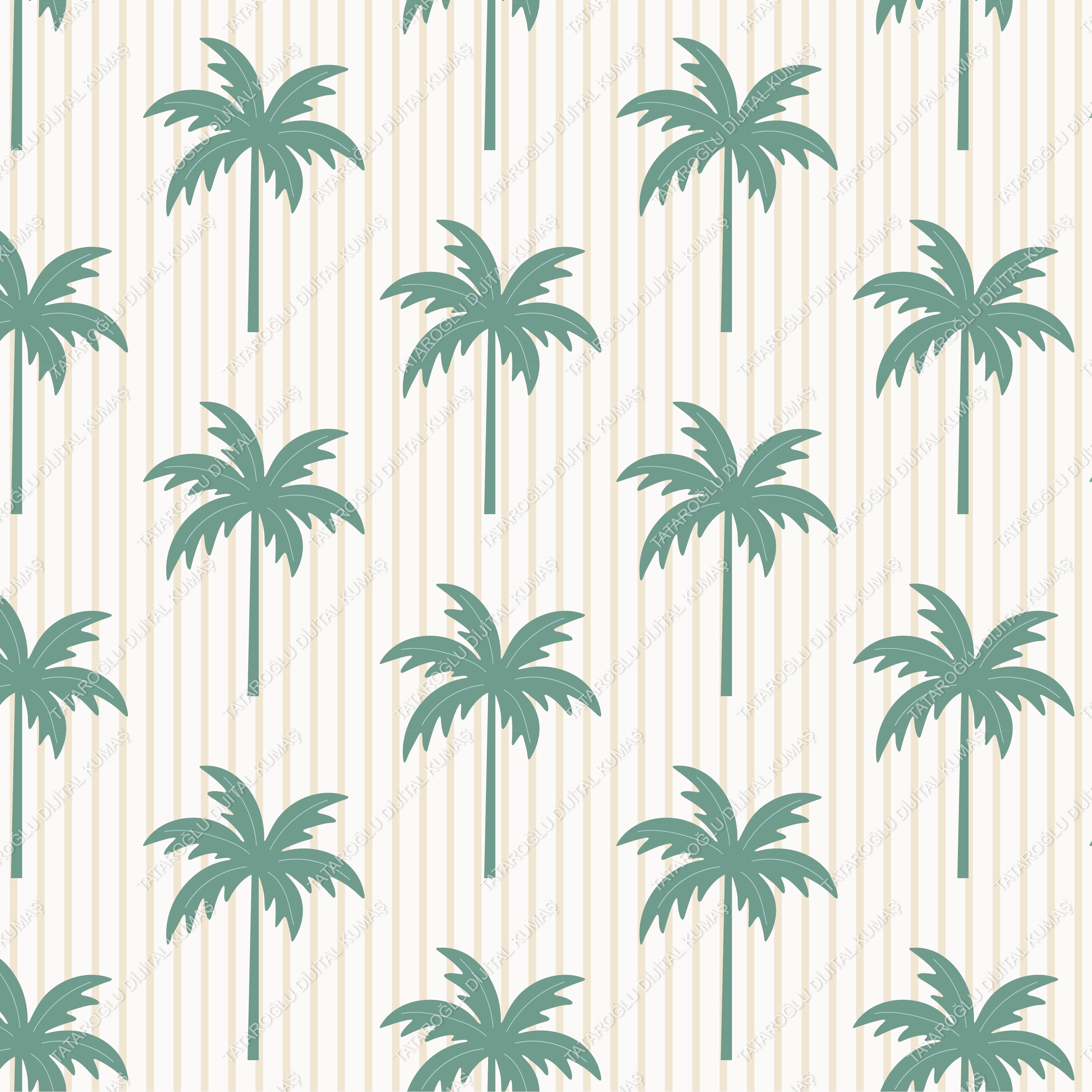 Palmiye Desenli Çizgili Deniz Temalı Dekoratif Kumaş