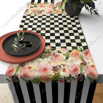 50 cm'lik Runner Dama ve Çizgili Sarılı Çiçekli Dijital Baskılı Kumaş(SONBAHAR İNDİRİMİ)