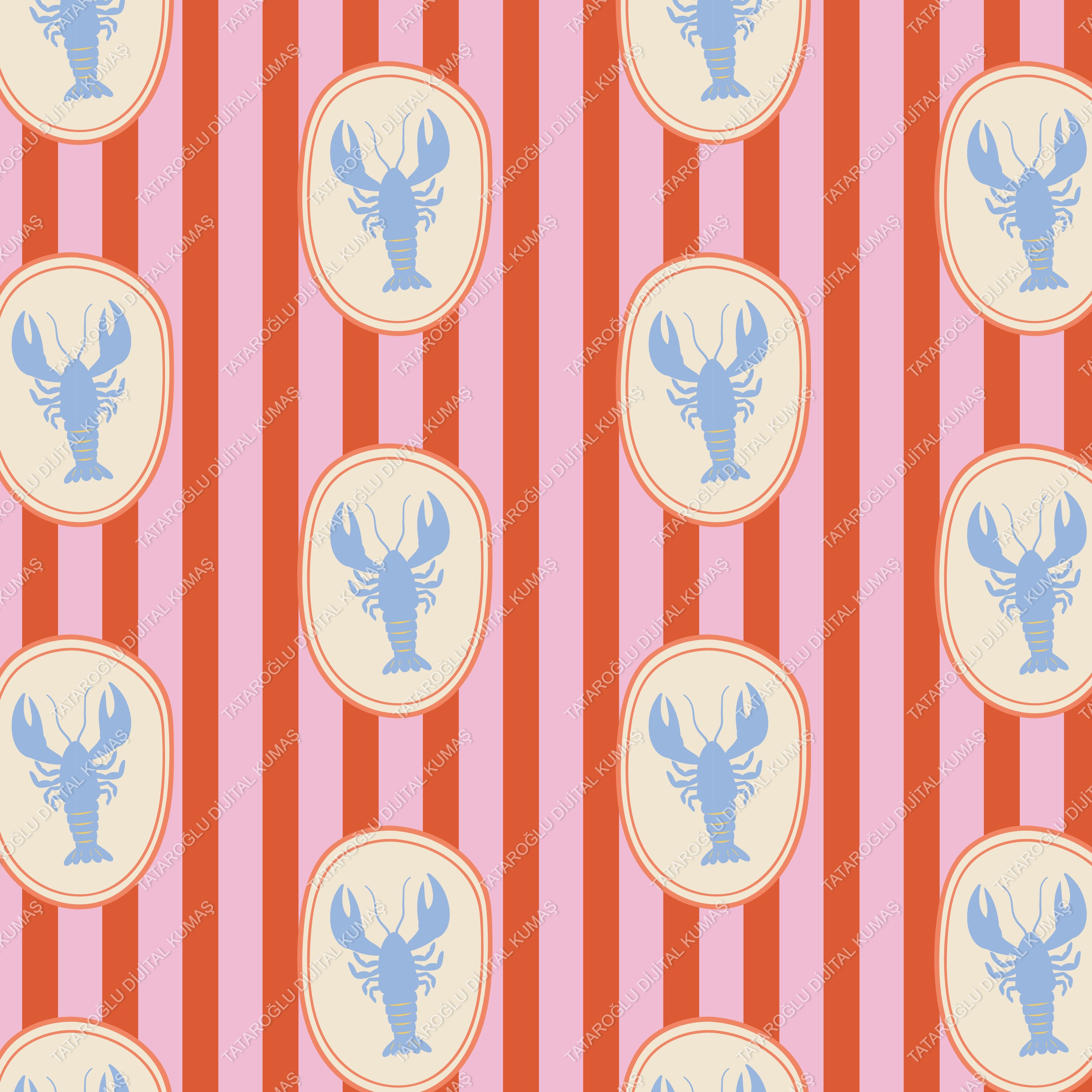 Vintage Istakoz Desenli Deniz Temalı Dekoratif Kumaş