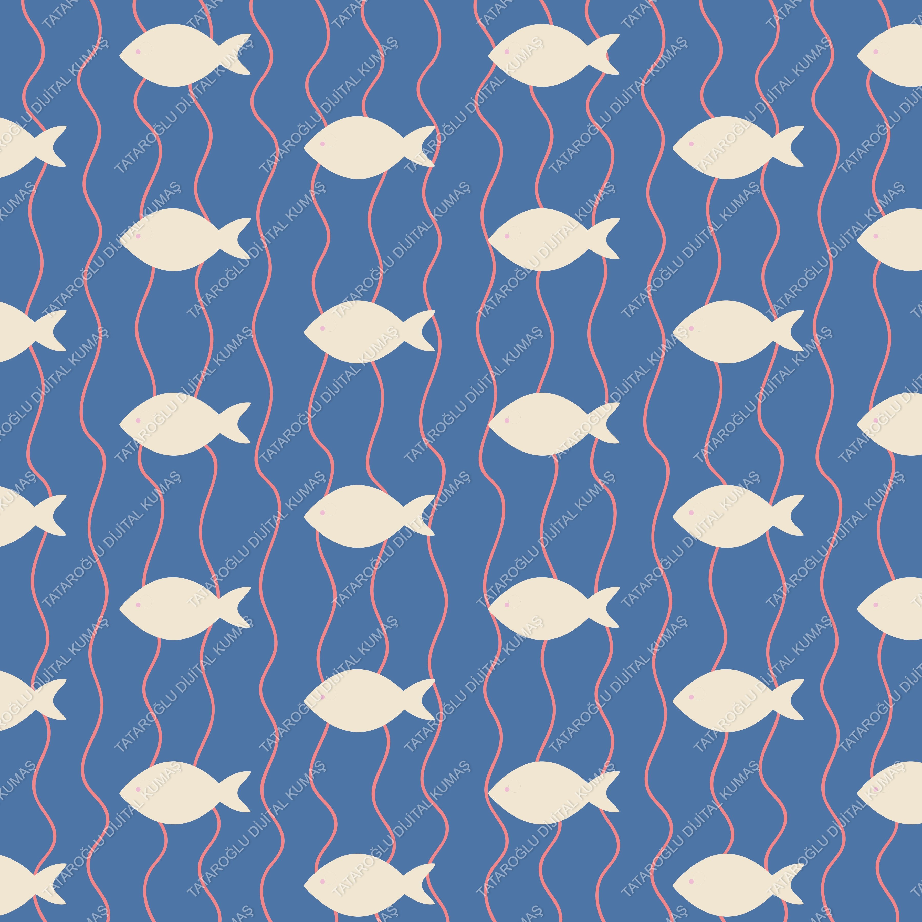 Balık Desenli Deniz Temalı Dekoratif Kumaş