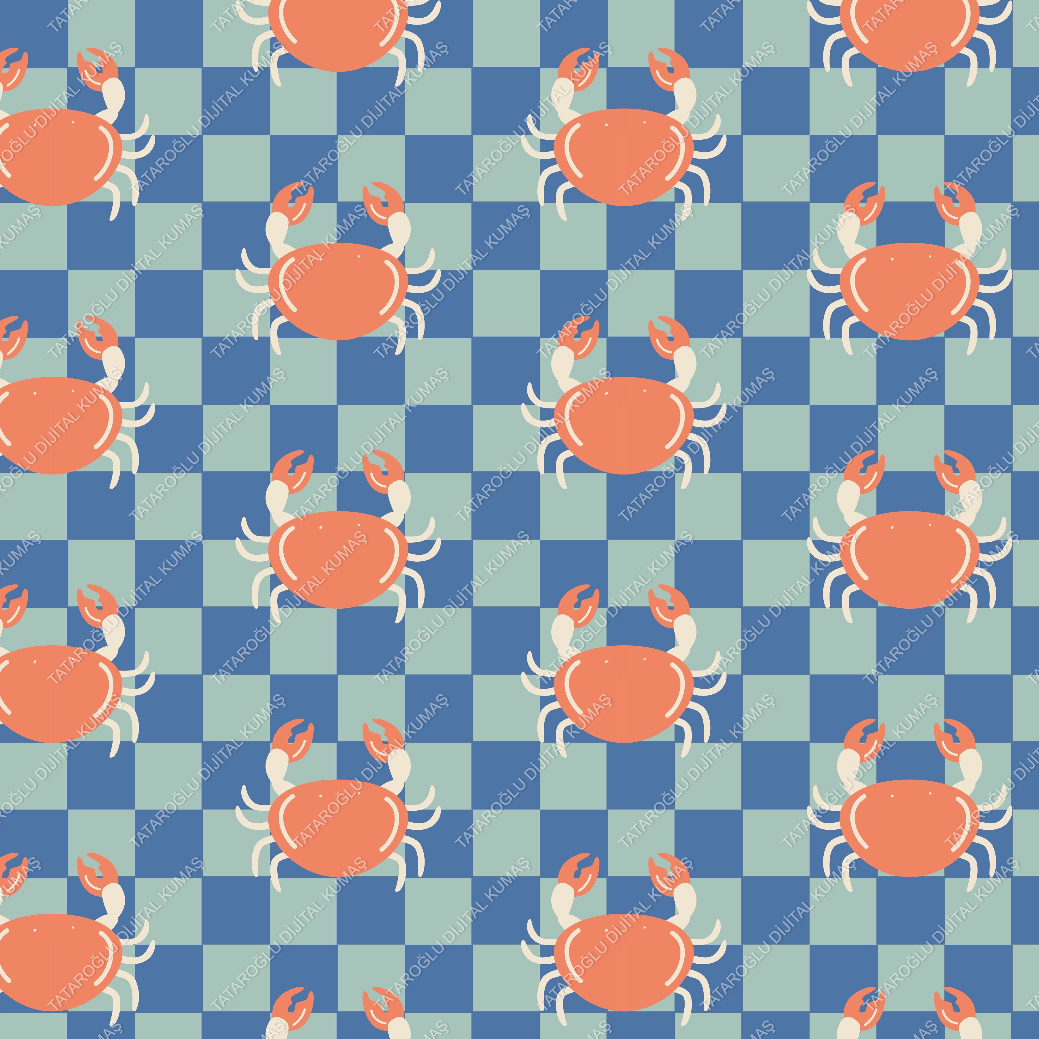 Yengeç Desenli Deniz Temalı Dekoratif Mutfak Kumaşı