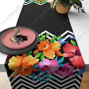 50 cm'lik Runner Zigzaglı Puanlı Turuncu Pembe Kırmızı Çiçek Desenli Kumaş