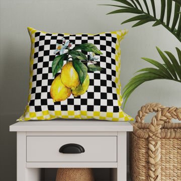 Sarı Siyah Kareli Limon Model 1-Pano Kırlent 2'li Set Dikilmemiş